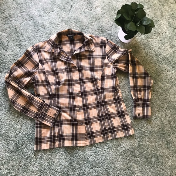 HAROLD’S Brown Tan Red Plaid Shirt, Stretch, Preppy Top, Button Down Shirt - Picture 6 of 15